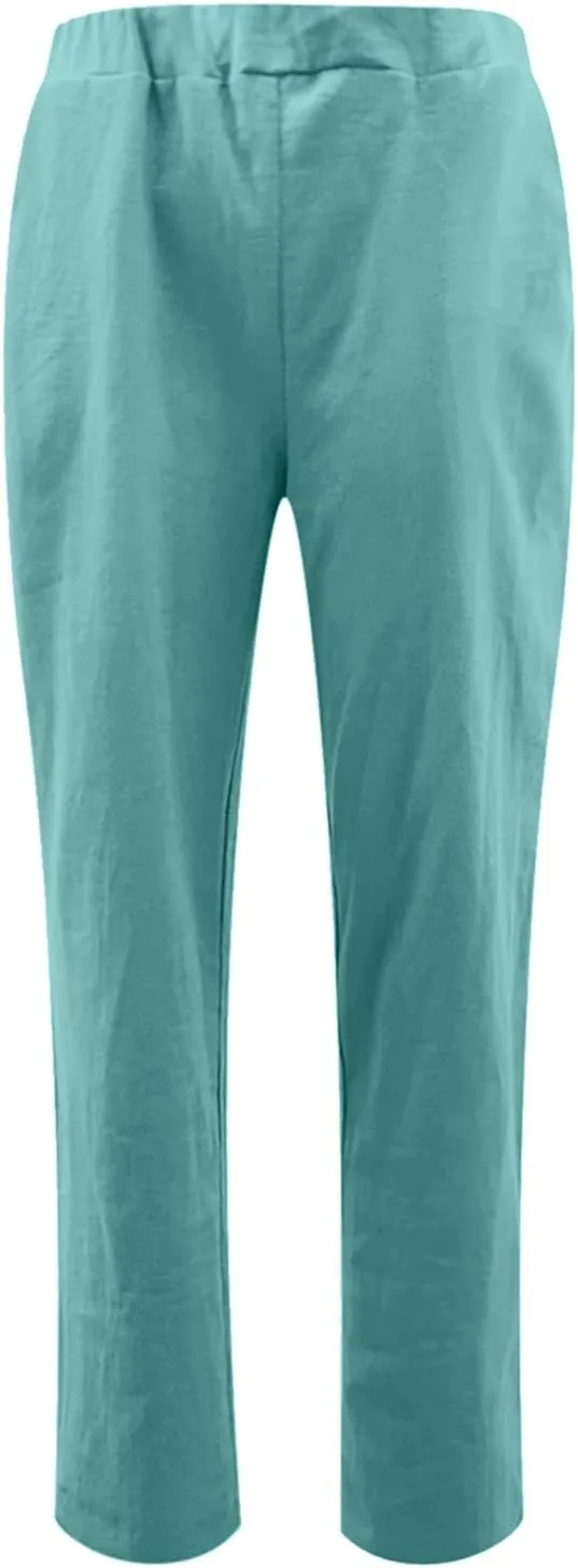 Maryia Linen Pants for Women Summer Casual Elastic Waist Rolled Wide Leg Pants Solid Lounge Beach Trousers