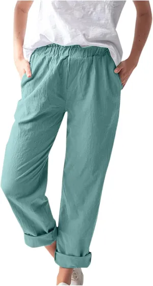 Maryia Linen Pants for Women Summer Casual Elastic Waist Rolled Wide Leg Pants Solid Lounge Beach Trousers