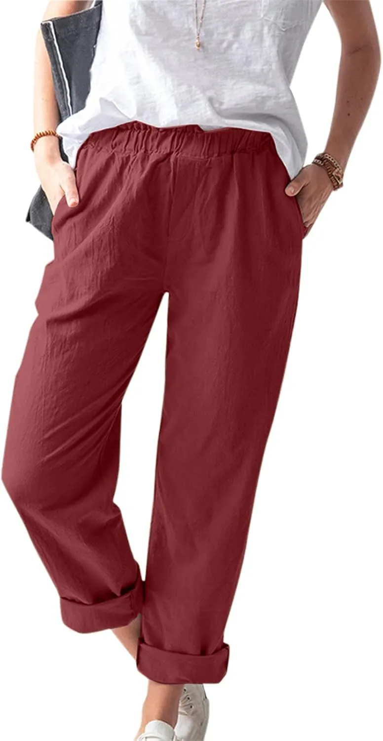 Maryia Linen Pants for Women Summer Casual Elastic Waist Rolled Wide Leg Pants Solid Lounge Beach Trousers