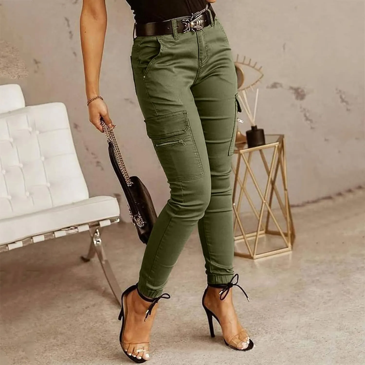 Maryia Women Casual Army Tactical Hiking Cargo Pants High Waist Straight Pencil Sweatpants with Ankle Bow-Knot Trousers