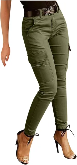 Maryia Women Casual Army Tactical Hiking Cargo Pants High Waist Straight Pencil Sweatpants with Ankle Bow-Knot Trousers