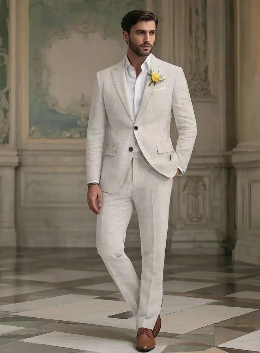 Men Linen Suits Set 2 Piece Linen Beach Wedding Suit Slim Fit Two Button Casual Lightweight Blazer Jacket
