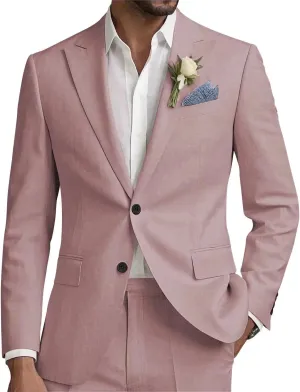 Men Linen Suits Set 2 Piece Linen Beach Wedding Suit Slim Fit Two Button Casual Lightweight Blazer Jacket