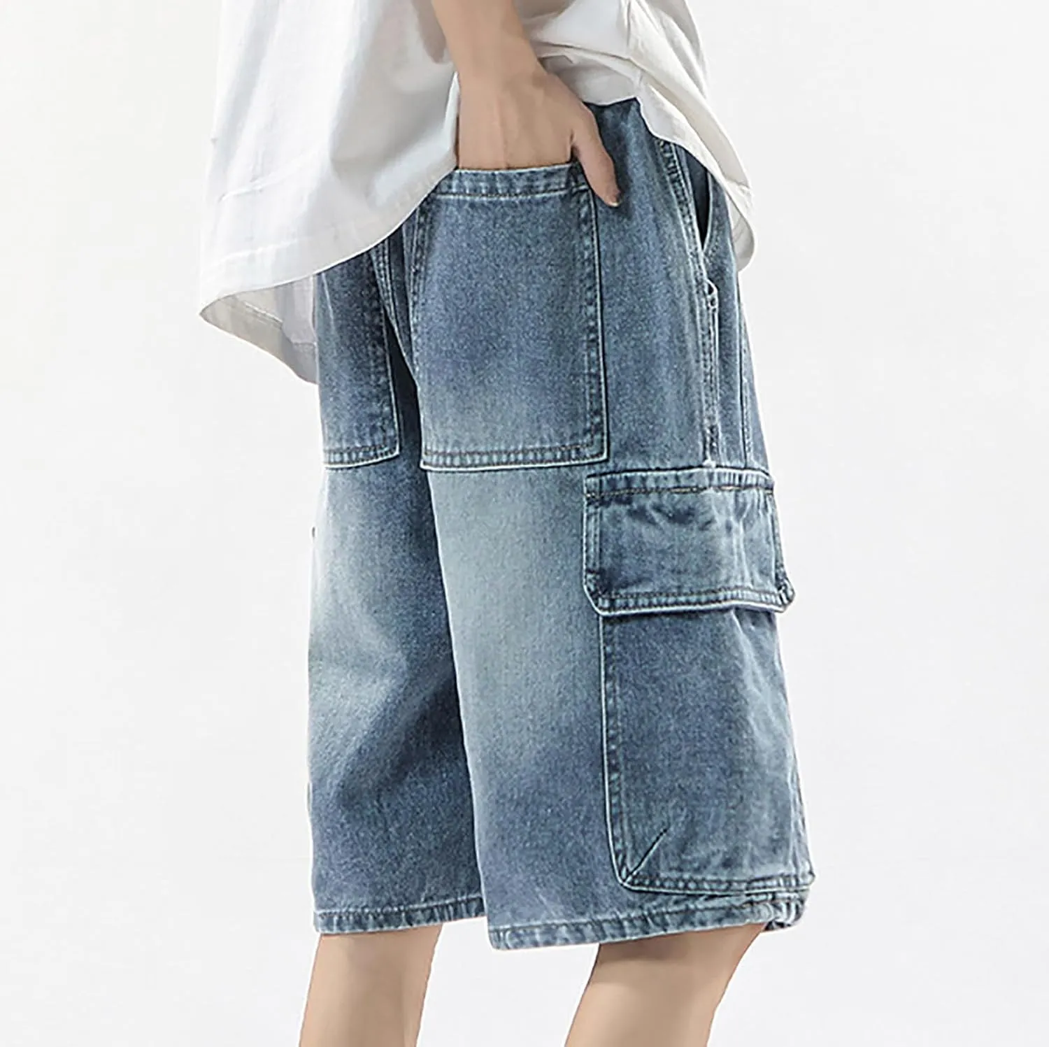 Mens Baggy Denim Jorts Y2K Vintage Loose Fit Hip Hop Jean Shorts Wide Leg Long Jeans Streetwear Clothes