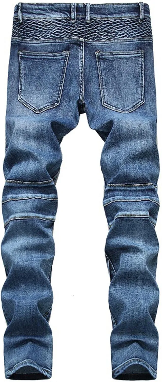 Men's Biker Moto Washed Jeans Bleach Distressed Slim Fit Straight Denim Pants Patchwork Patched Joggers Trousers