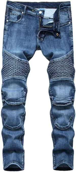 Men's Biker Moto Washed Jeans Bleach Distressed Slim Fit Straight Denim Pants Patchwork Patched Joggers Trousers