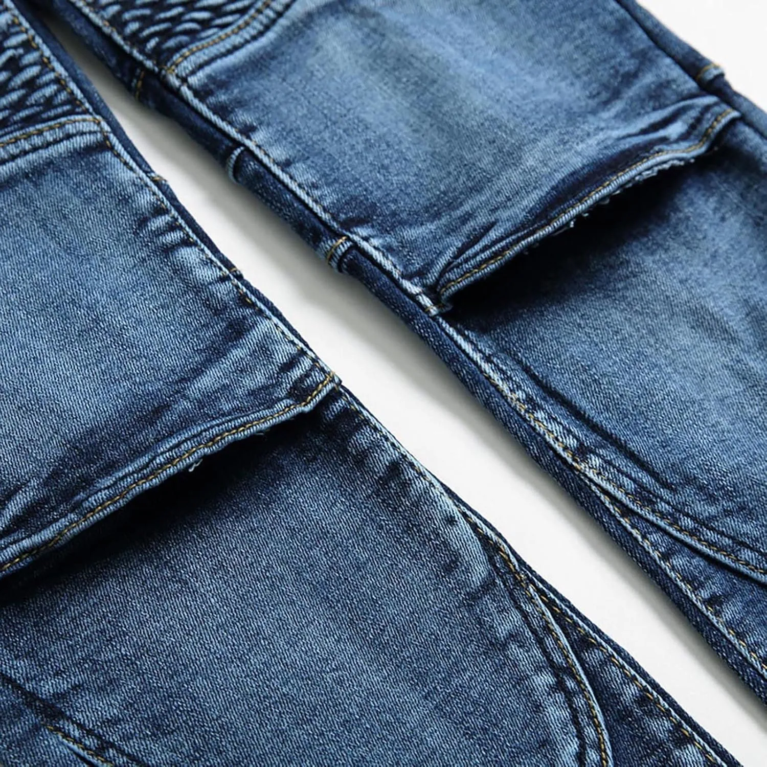 Men's Biker Moto Washed Jeans Bleach Distressed Slim Fit Straight Denim Pants Patchwork Patched Joggers Trousers