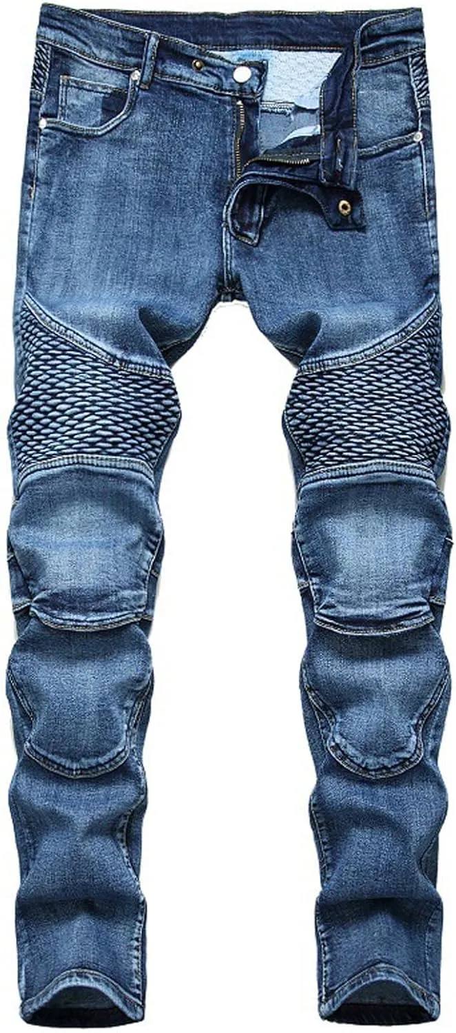 Men's Biker Moto Washed Jeans Bleach Distressed Slim Fit Straight Denim Pants Patchwork Patched Joggers Trousers