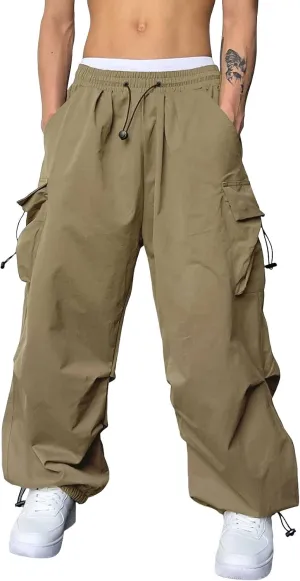 Mens Cargo Casual Pants Drawstring Loose Fit Athletic Jogger Sports Elastic Waist Outdoor Trousers Parachute Pant