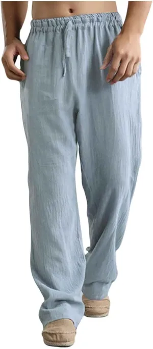 Mens Casual Cotton Pants, Drawstring Pants Men, Lightweight Elastic Waist Summer Beach Trousers Plus Size Pockets