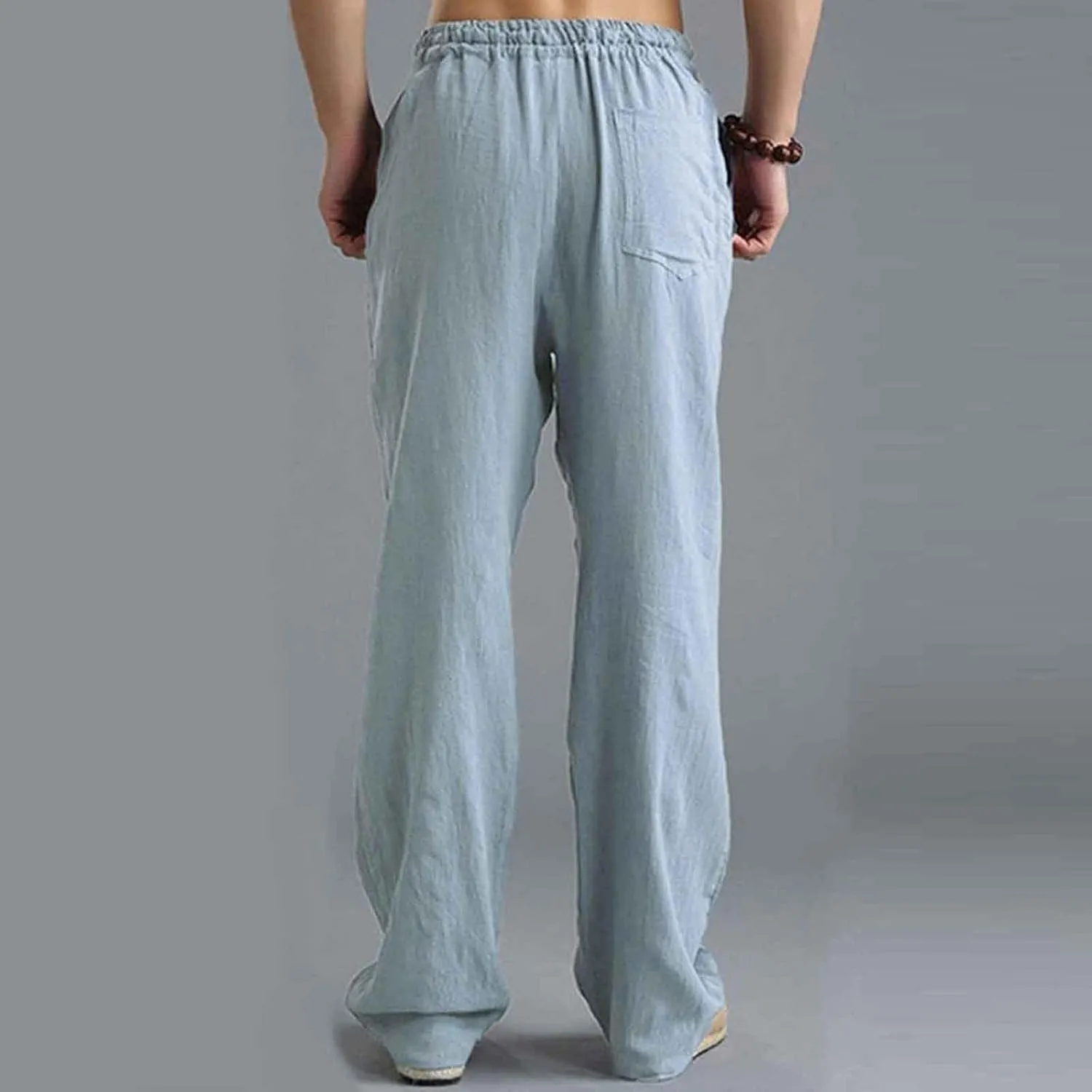 Mens Casual Cotton Pants, Drawstring Pants Men, Lightweight Elastic Waist Summer Beach Trousers Plus Size Pockets