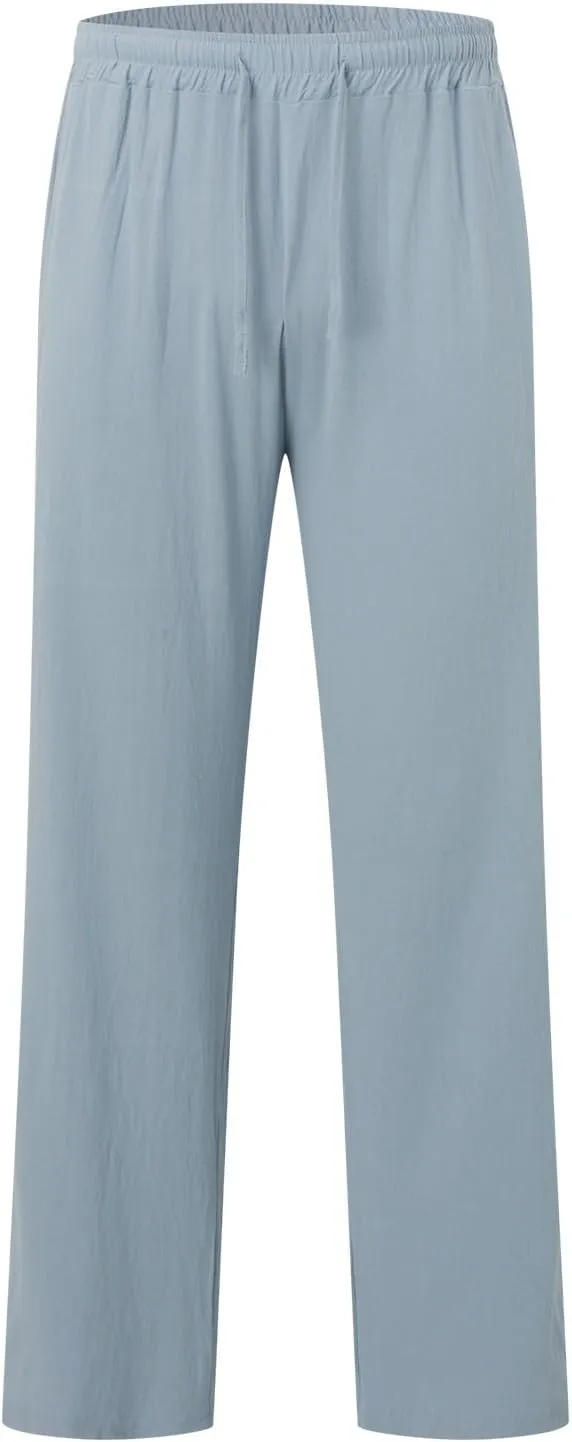 Mens Casual Cotton Pants, Drawstring Pants Men, Lightweight Elastic Waist Summer Beach Trousers Plus Size Pockets