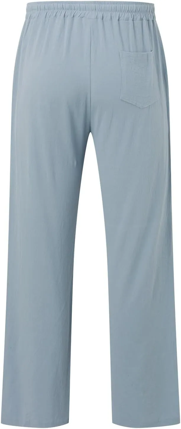 Mens Casual Cotton Pants, Drawstring Pants Men, Lightweight Elastic Waist Summer Beach Trousers Plus Size Pockets