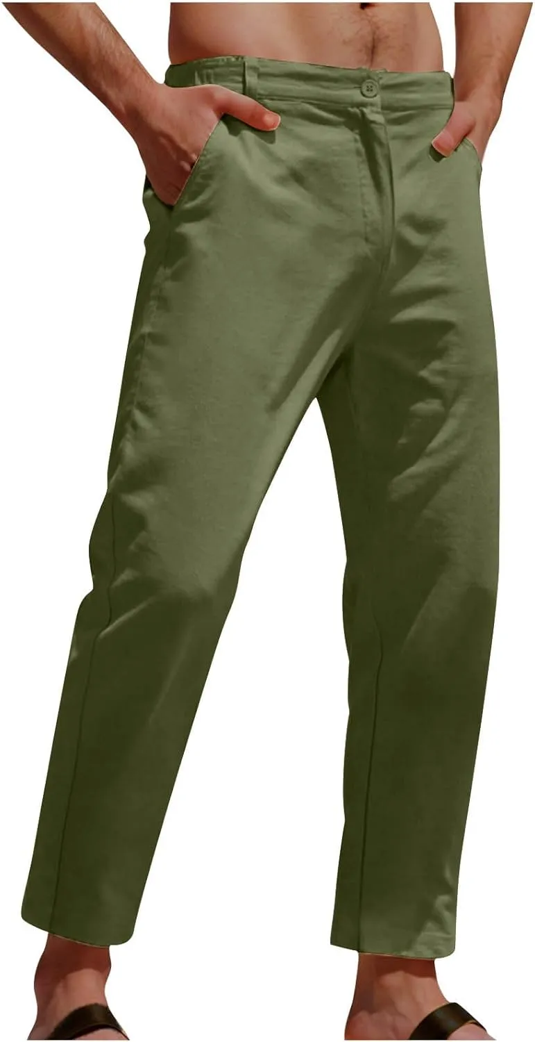Men's Casual Linen Cotton Pants Elastic Waist Summer Beach Trousers Lightweight Yoga Vacation Pants Long Trousers