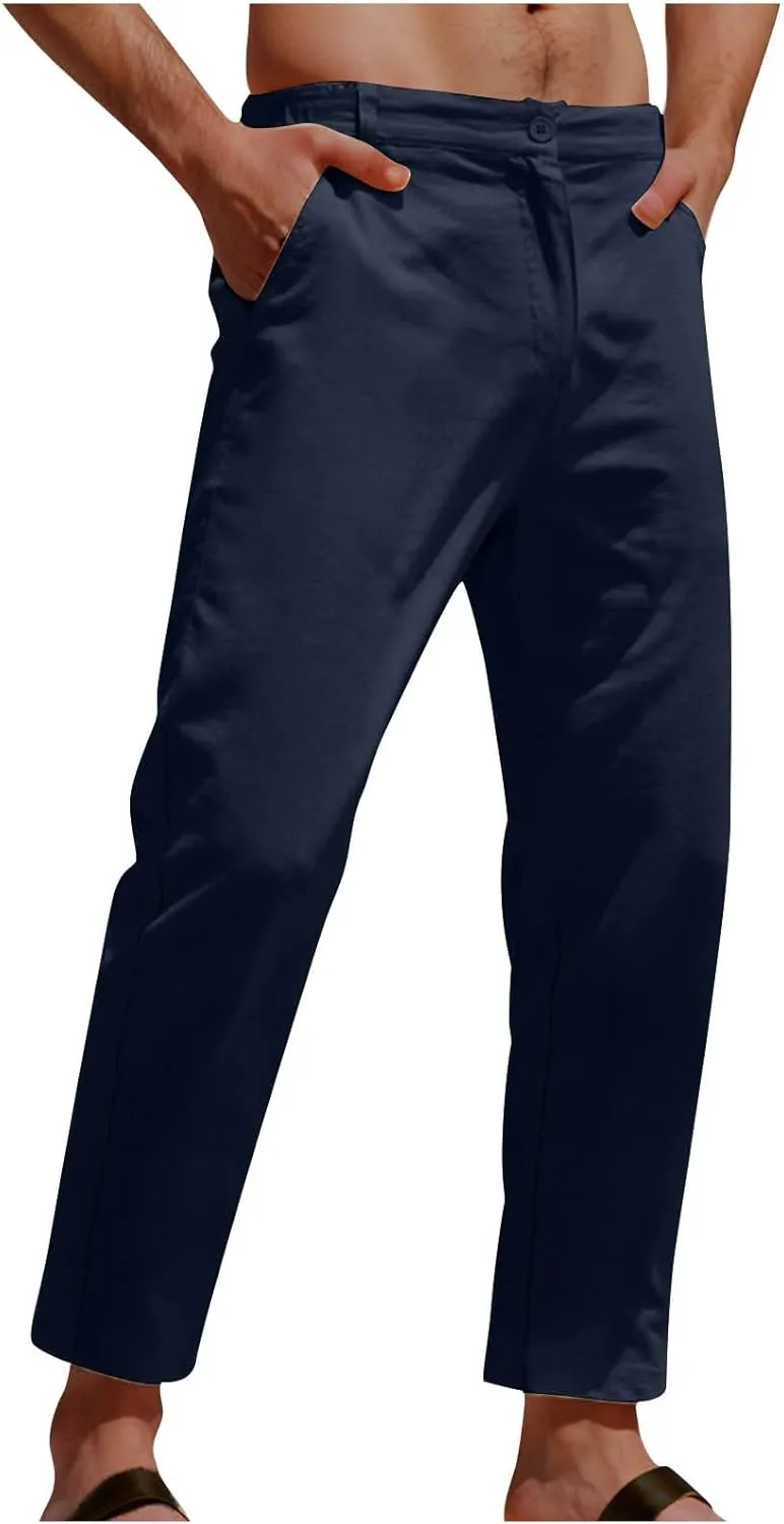 Men's Casual Linen Cotton Pants Elastic Waist Summer Beach Trousers Lightweight Yoga Vacation Pants Long Trousers