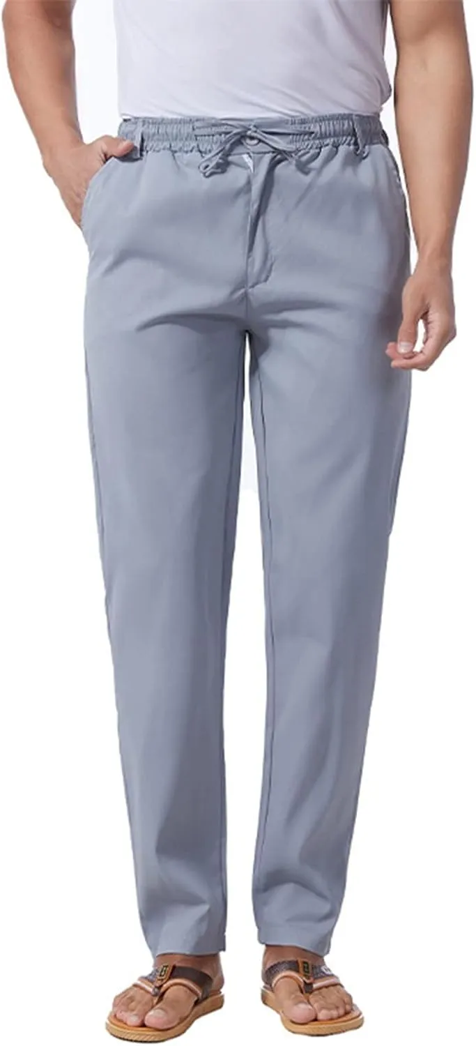 Men's Casual Linen Pants Cotton Drawstring Chino Hiking Pants Summer Yoga Beach Pants Lightweight Trousers for Men