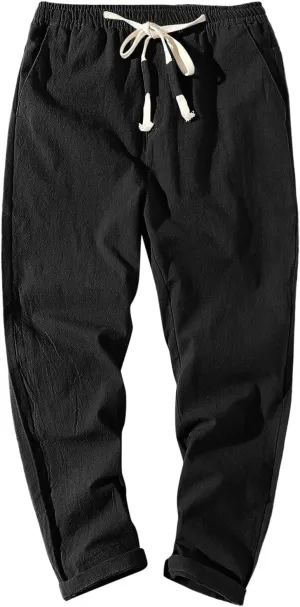 Mens Cotton Linen Pants Casual Elastic Drawstring Waist Lounge Beach Pants Summer Casual Straight Leg Dress Trousers