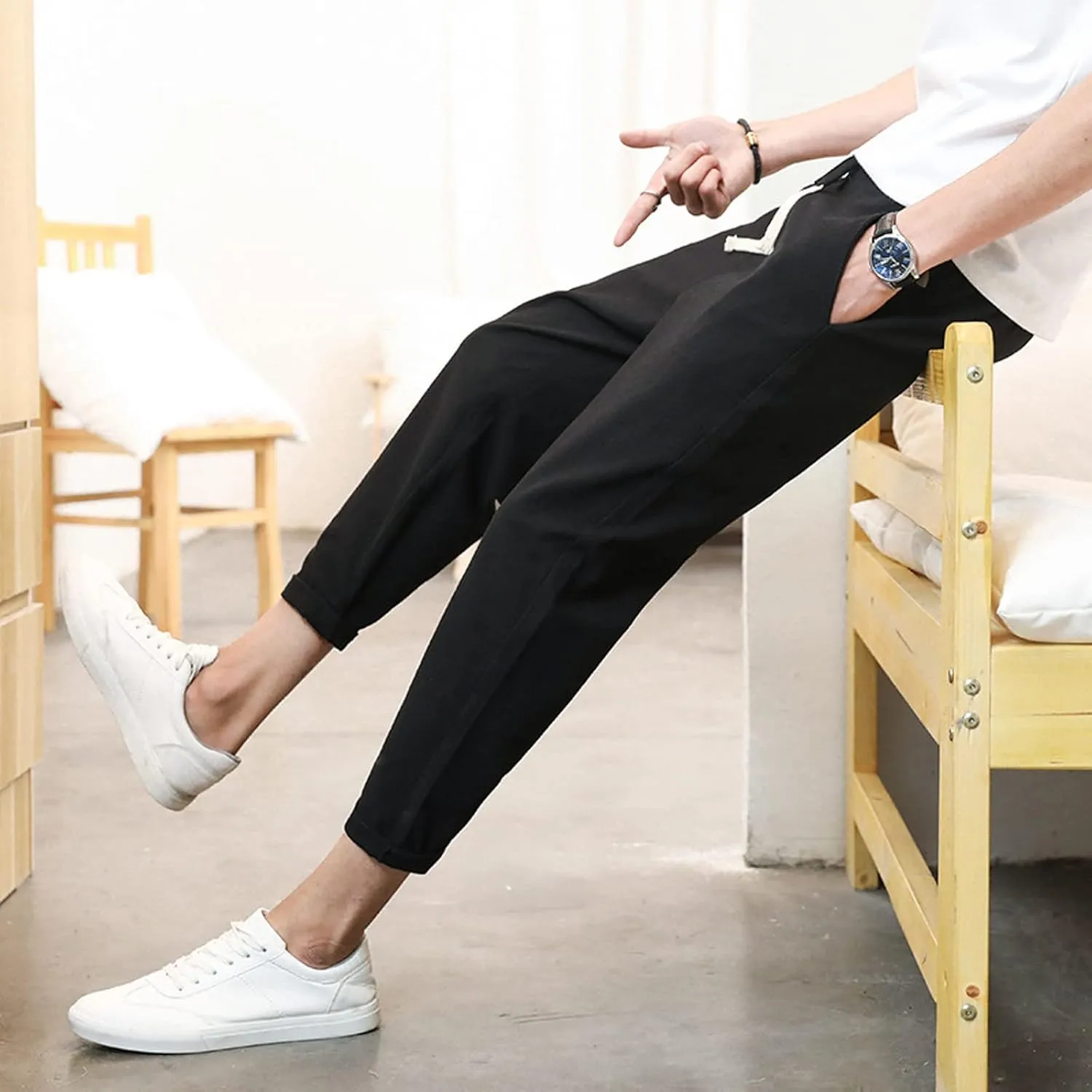Mens Cotton Linen Pants Casual Elastic Drawstring Waist Lounge Beach Pants Summer Casual Straight Leg Dress Trousers