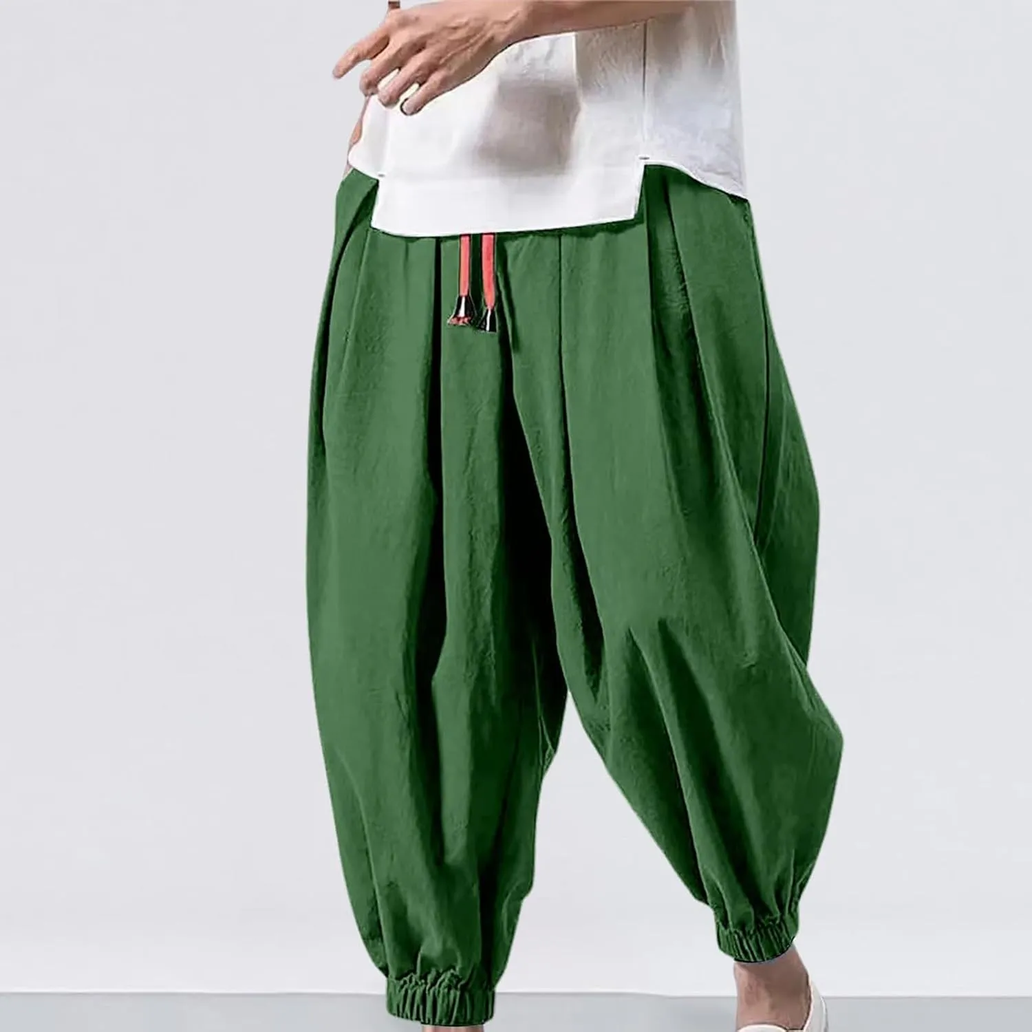 Mens Cotton Linen Pants Drawstring Baggy Harem Pants Elastic Waist Wide Leg Trousers Summer Breathable Yoga Trousers