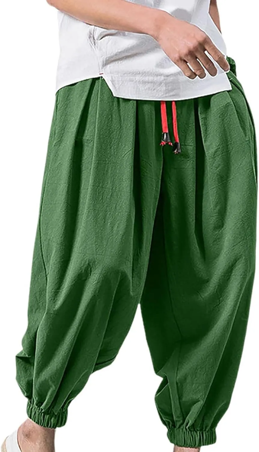 Mens Cotton Linen Pants Drawstring Baggy Harem Pants Elastic Waist Wide Leg Trousers Summer Breathable Yoga Trousers