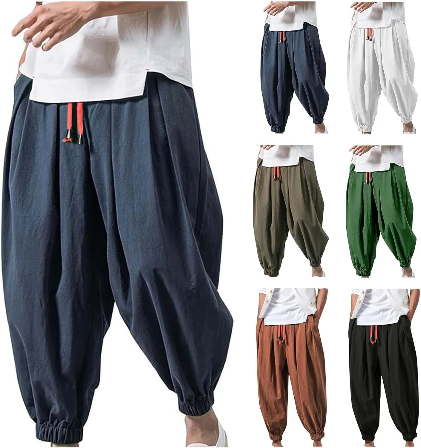 Mens Cotton Linen Pants Drawstring Baggy Harem Pants Elastic Waist Wide Leg Trousers Summer Breathable Yoga Trousers