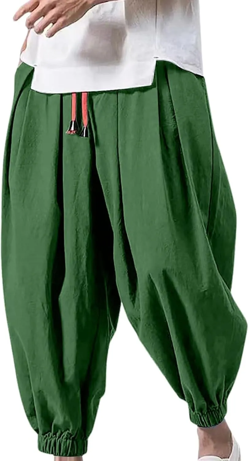 Mens Cotton Linen Pants Drawstring Baggy Harem Pants Elastic Waist Wide Leg Trousers Summer Breathable Yoga Trousers