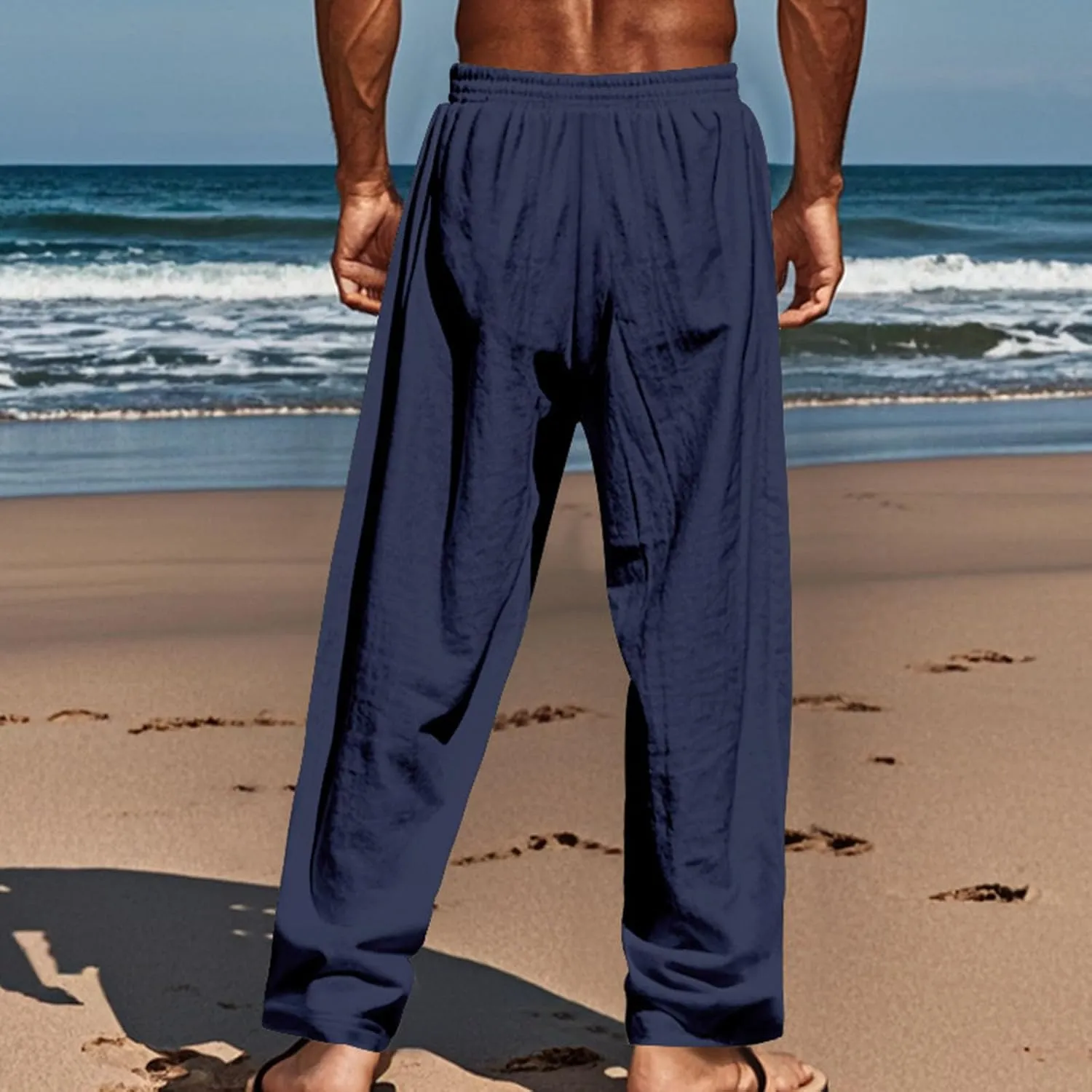 Men's Cotton Linen Pants Summer Elastic Waist Drawstring Trouser with Pockets Casual Solid Color Loose Button Pant