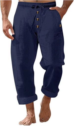 Men's Cotton Linen Pants Summer Elastic Waist Drawstring Trouser with Pockets Casual Solid Color Loose Button Pant