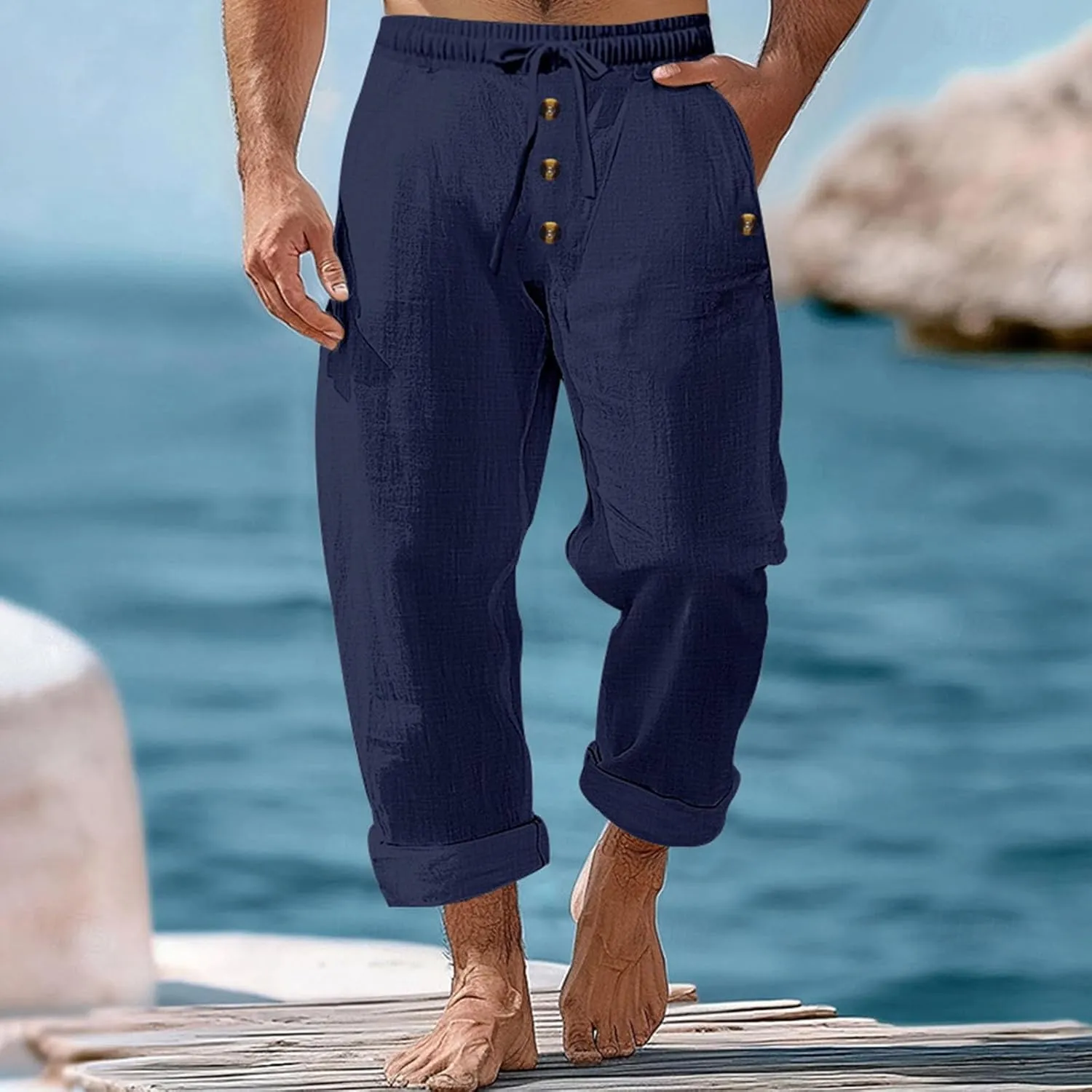 Men's Cotton Linen Pants Summer Elastic Waist Drawstring Trouser with Pockets Casual Solid Color Loose Button Pant