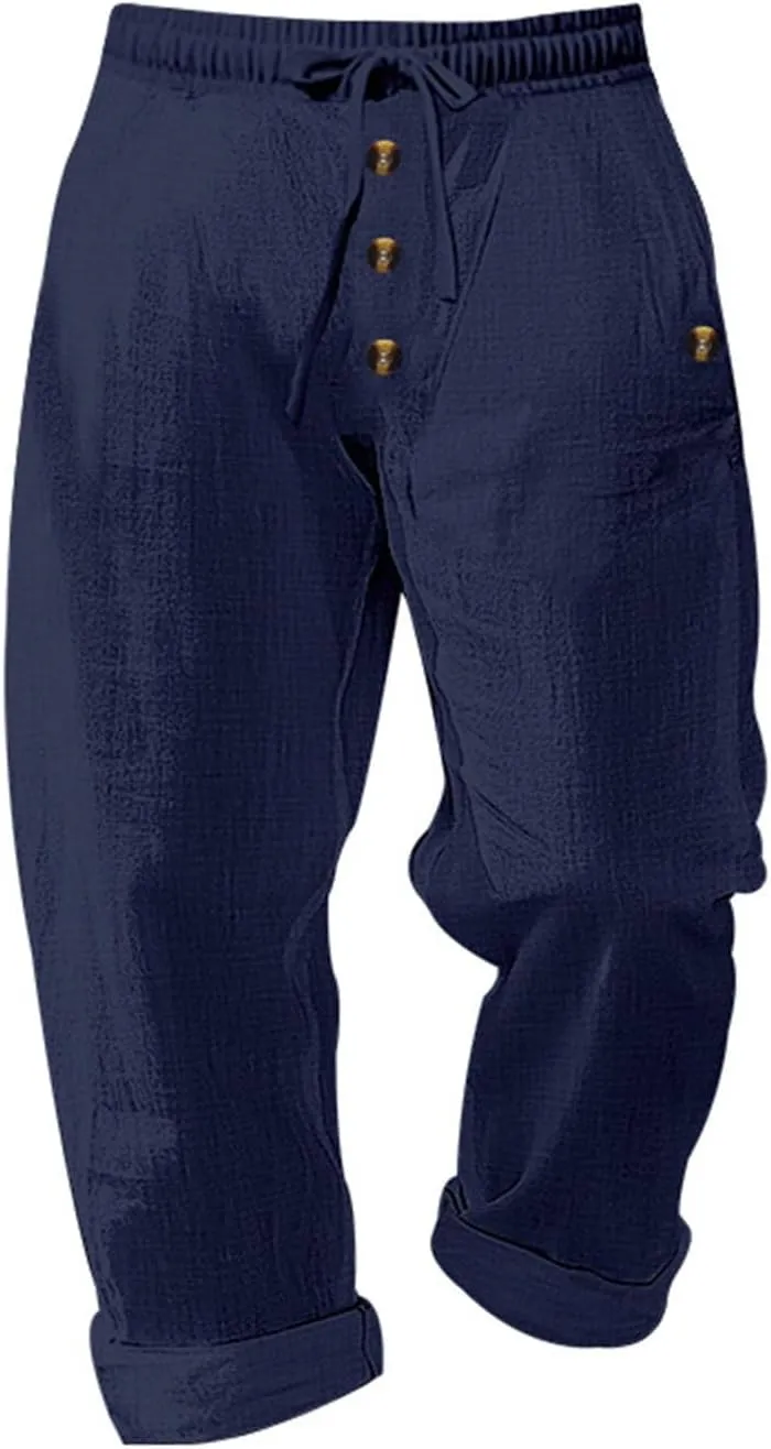 Men's Cotton Linen Pants Summer Elastic Waist Drawstring Trouser with Pockets Casual Solid Color Loose Button Pant