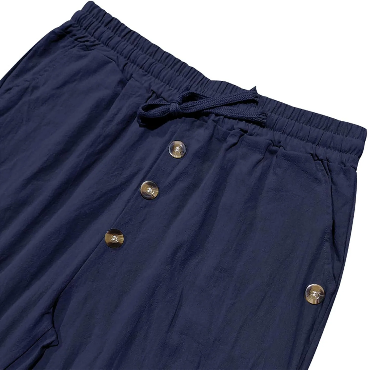 Men's Cotton Linen Pants Summer Elastic Waist Drawstring Trouser with Pockets Casual Solid Color Loose Button Pant