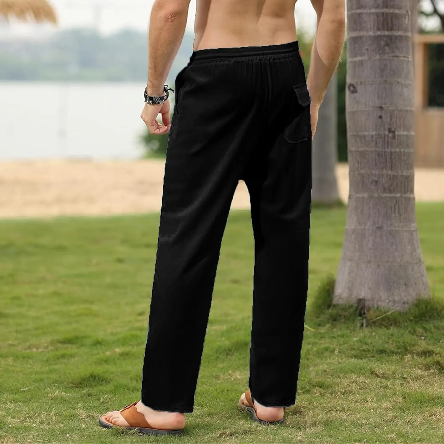 Men's Cotton Linen Trousers Slim Fit Drawstring Pants Baggy Simple Thin Trousers Summer Comfy Pants with Pockets