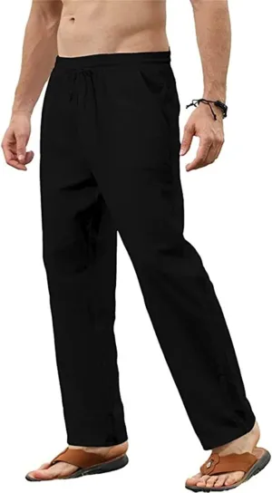 Men's Cotton Linen Trousers Slim Fit Drawstring Pants Baggy Simple Thin Trousers Summer Comfy Pants with Pockets