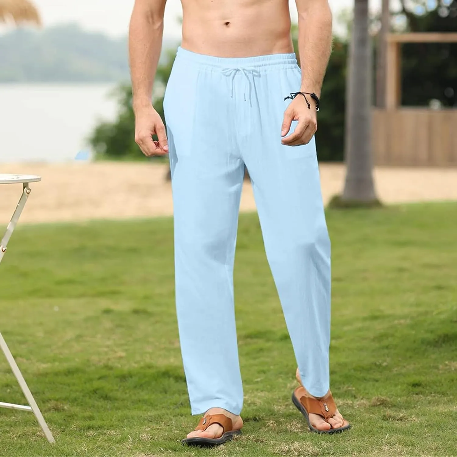 Men's Cotton Linen Trousers Slim Fit Drawstring Pants Baggy Simple Thin Trousers Summer Comfy Pants with Pockets