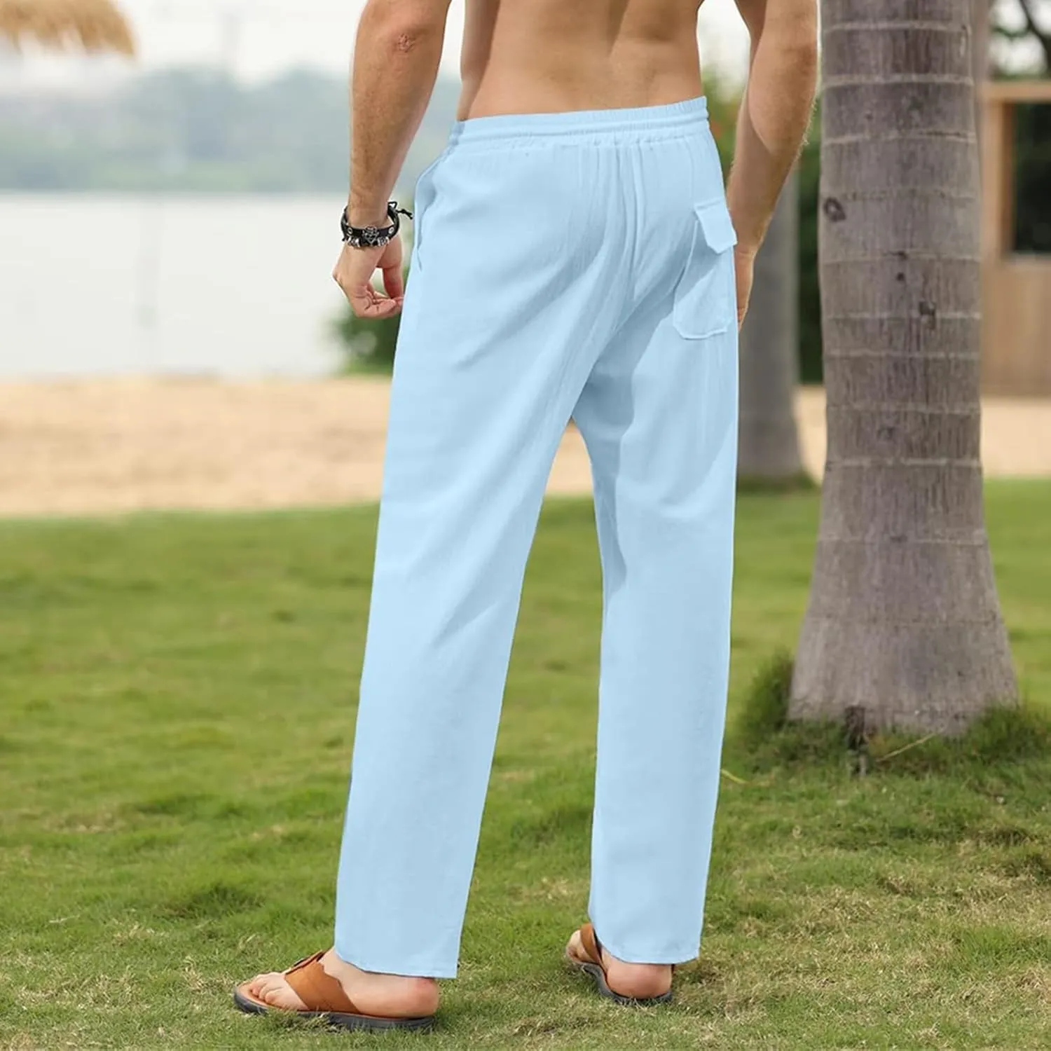 Men's Cotton Linen Trousers Slim Fit Drawstring Pants Baggy Simple Thin Trousers Summer Comfy Pants with Pockets