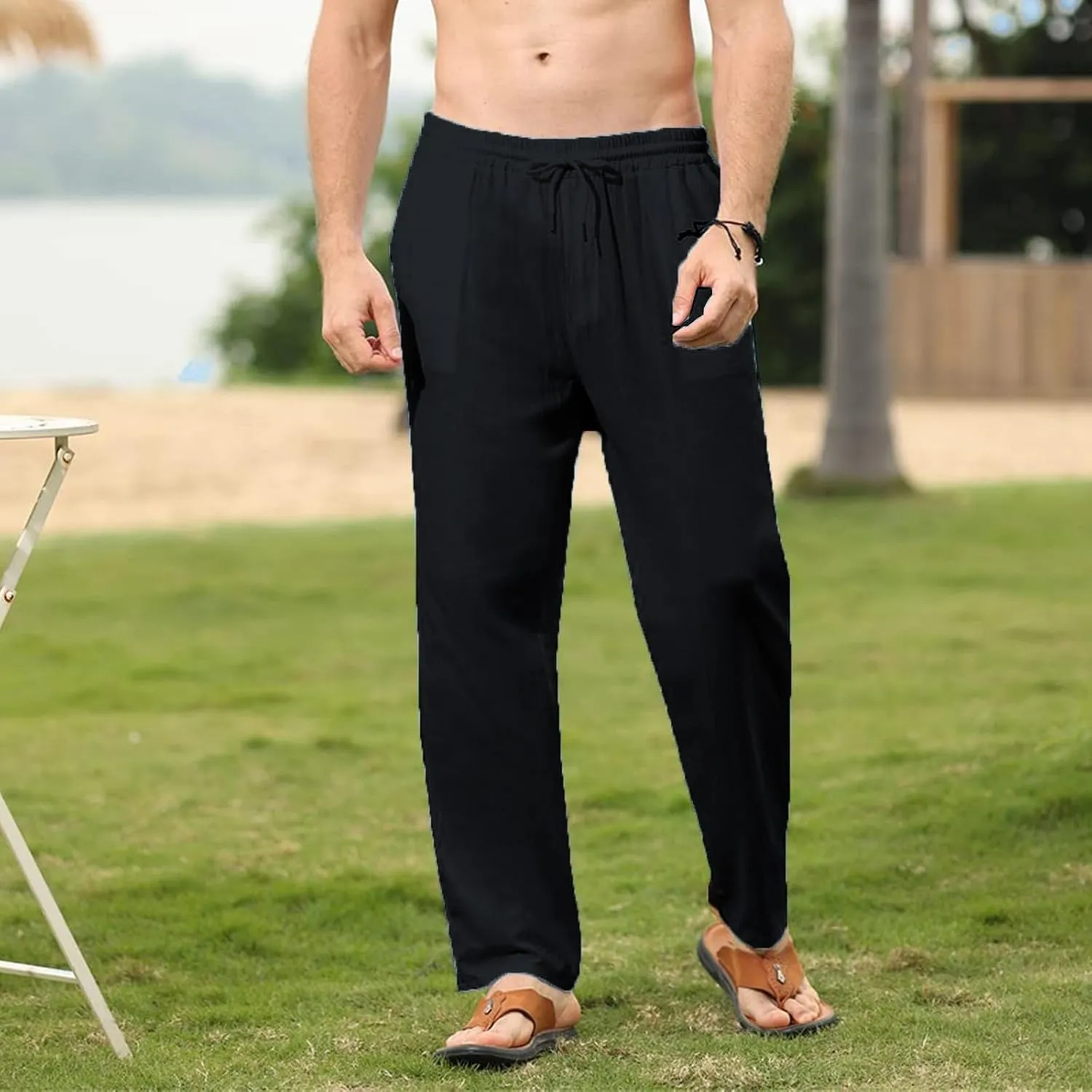 Men's Cotton Linen Trousers Slim Fit Drawstring Pants Baggy Simple Thin Trousers Summer Comfy Pants with Pockets