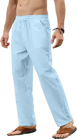 Men's Cotton Linen Trousers Slim Fit Drawstring Pants Baggy Simple Thin Trousers Summer Comfy Pants with Pockets