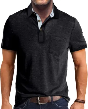 Men's Fashion Casual Polo Shirts Cotton Slim Fit Button Short Sleeve Basic Golf Work Tops