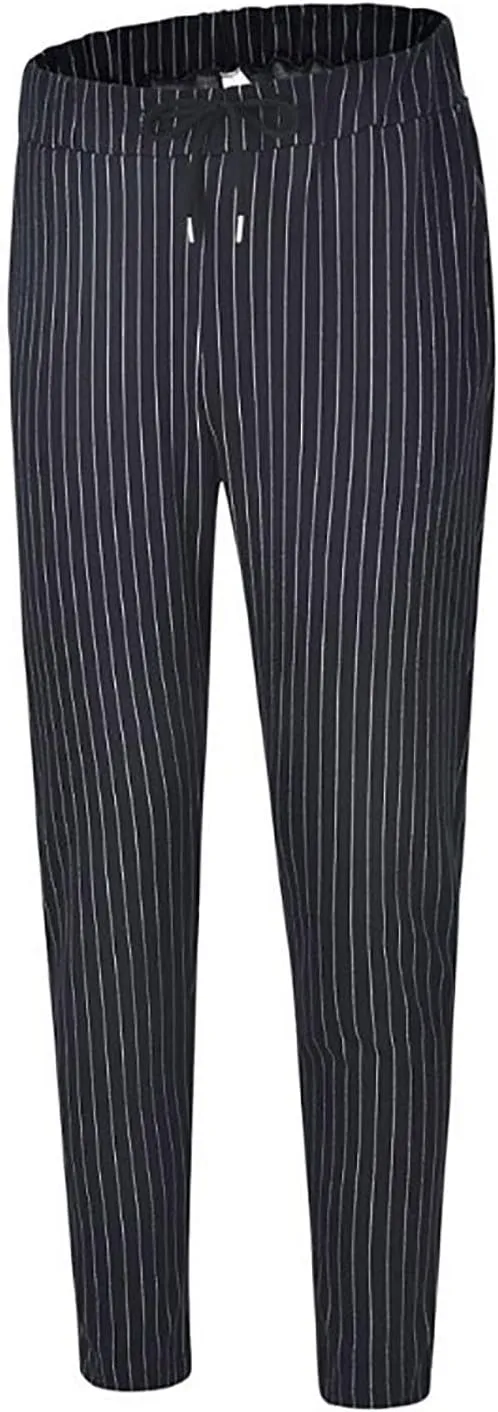 Mens Fashion Casual Striped Pants Dress Chino Long Pants Fit Drawstring Cotton Slack Trousers