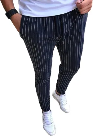 Mens Fashion Casual Striped Pants Dress Chino Long Pants Fit Drawstring Cotton Slack Trousers