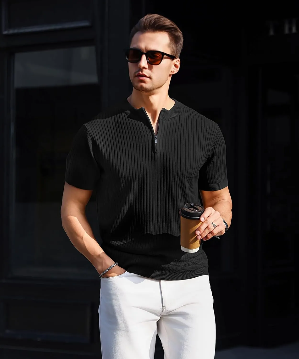 Men's Knit Polo Shirts Short Sleeve Zipper Vintage Collarless Golf Shirt Slim Fit Tops