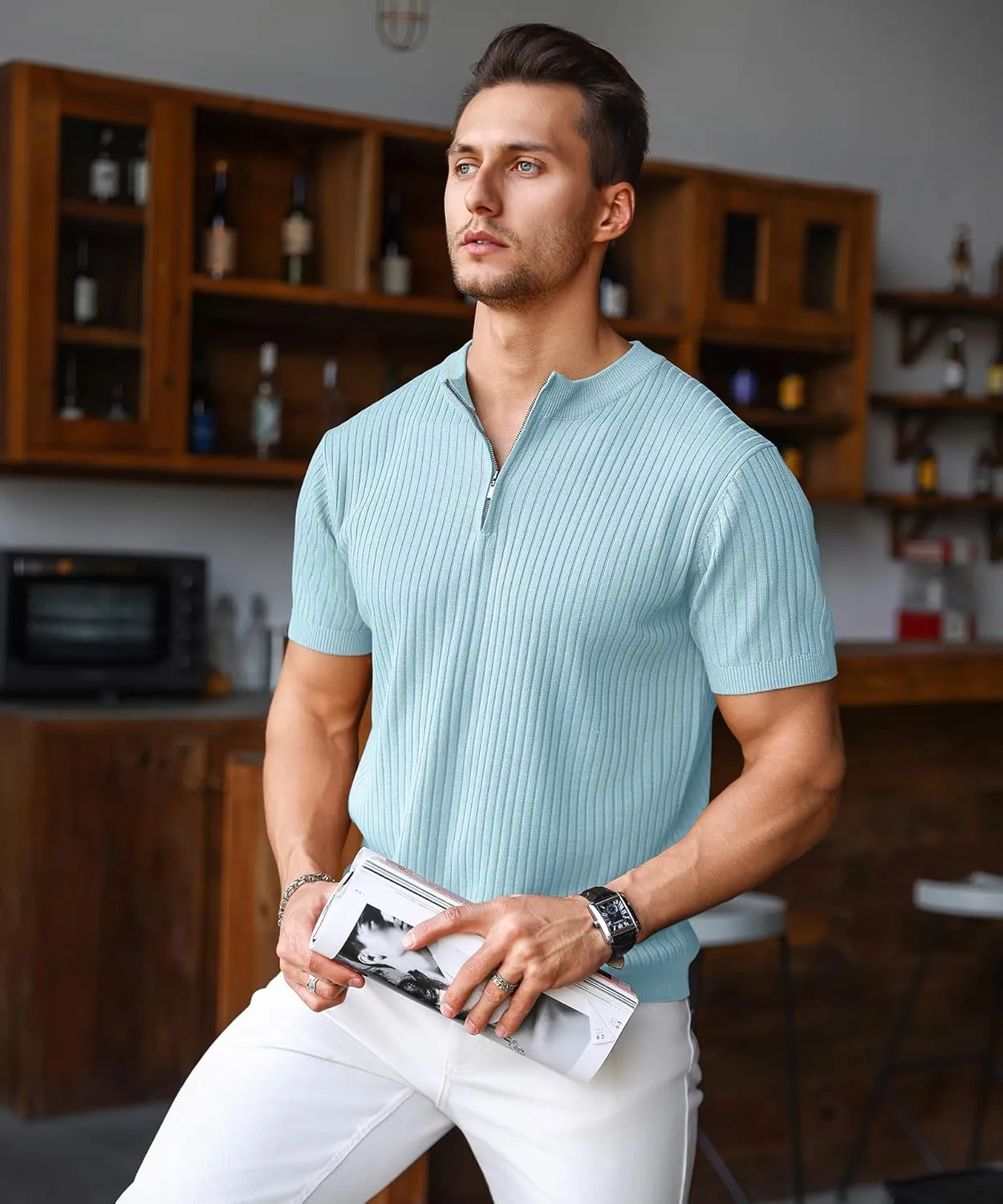 Men's Knit Polo Shirts Short Sleeve Zipper Vintage Collarless Golf Shirt Slim Fit Tops