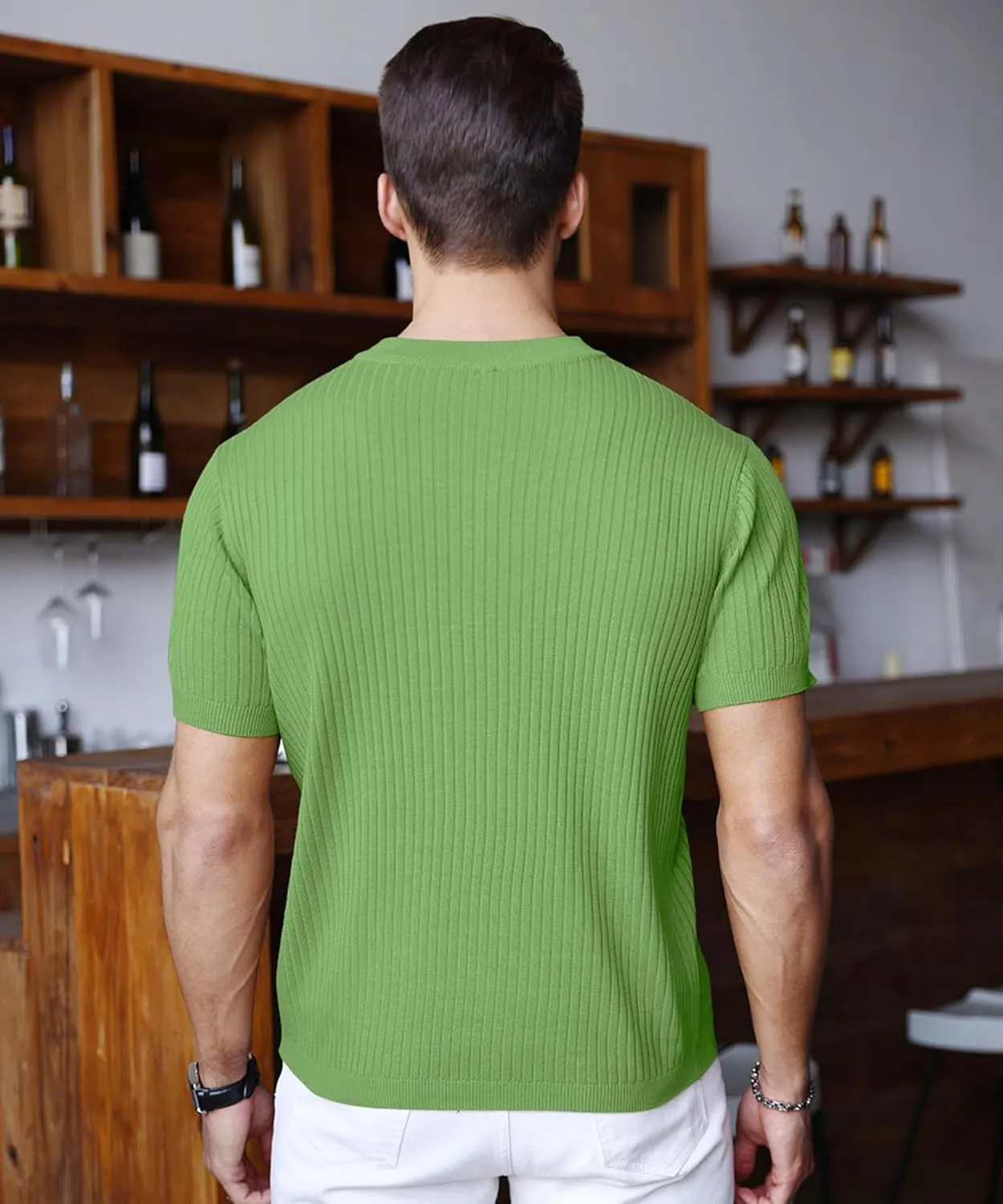 Men's Knit Polo Shirts Short Sleeve Zipper Vintage Collarless Golf Shirt Slim Fit Tops