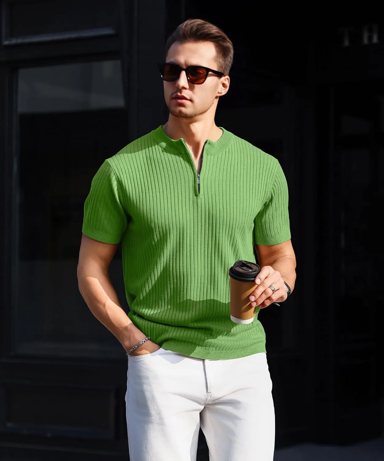 Men's Knit Polo Shirts Short Sleeve Zipper Vintage Collarless Golf Shirt Slim Fit Tops