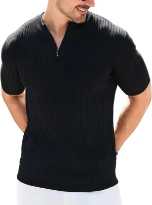 Men's Knit Polo Shirts Short Sleeve Zipper Vintage Collarless Golf Shirt Slim Fit Tops
