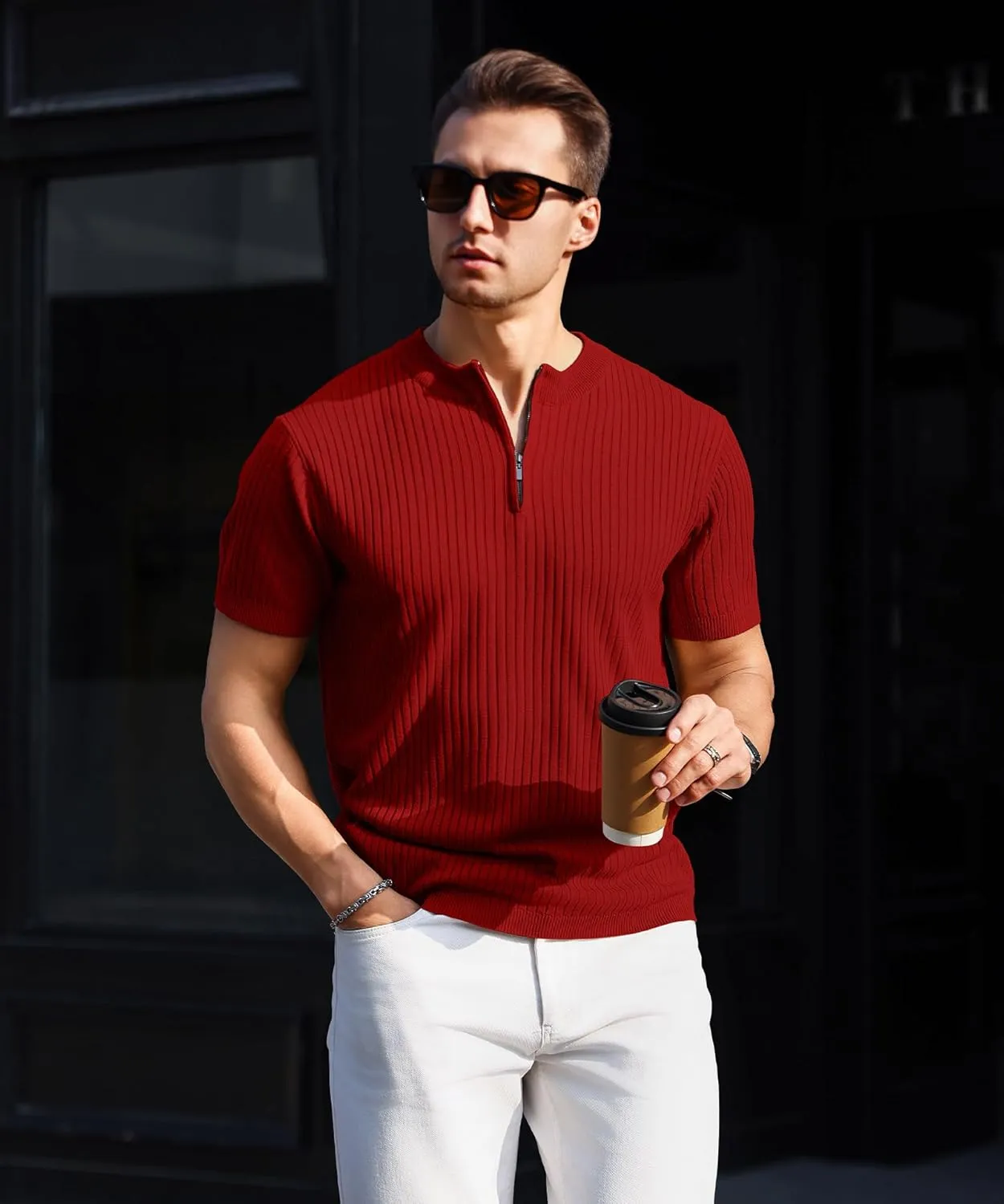 Men's Knit Polo Shirts Short Sleeve Zipper Vintage Collarless Golf Shirt Slim Fit Tops