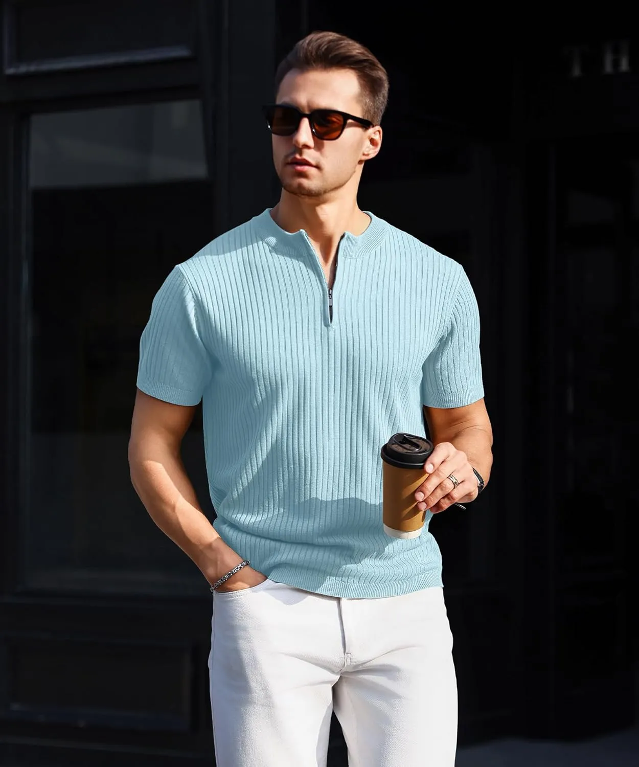 Men's Knit Polo Shirts Short Sleeve Zipper Vintage Collarless Golf Shirt Slim Fit Tops