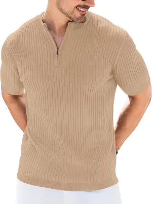 Men's Knit Polo Shirts Short Sleeve Zipper Vintage Collarless Golf Shirt Slim Fit Tops