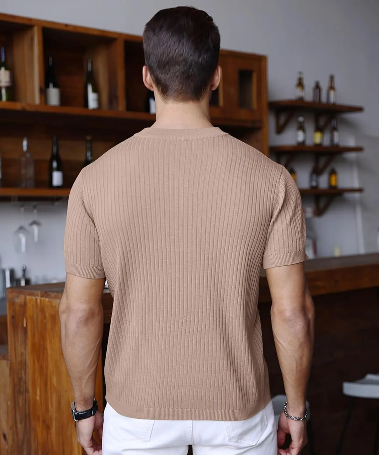 Men's Knit Polo Shirts Short Sleeve Zipper Vintage Collarless Golf Shirt Slim Fit Tops