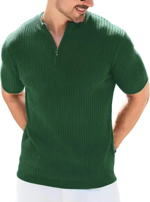 Men's Knit Polo Shirts Short Sleeve Zipper Vintage Collarless Golf Shirt Slim Fit Tops